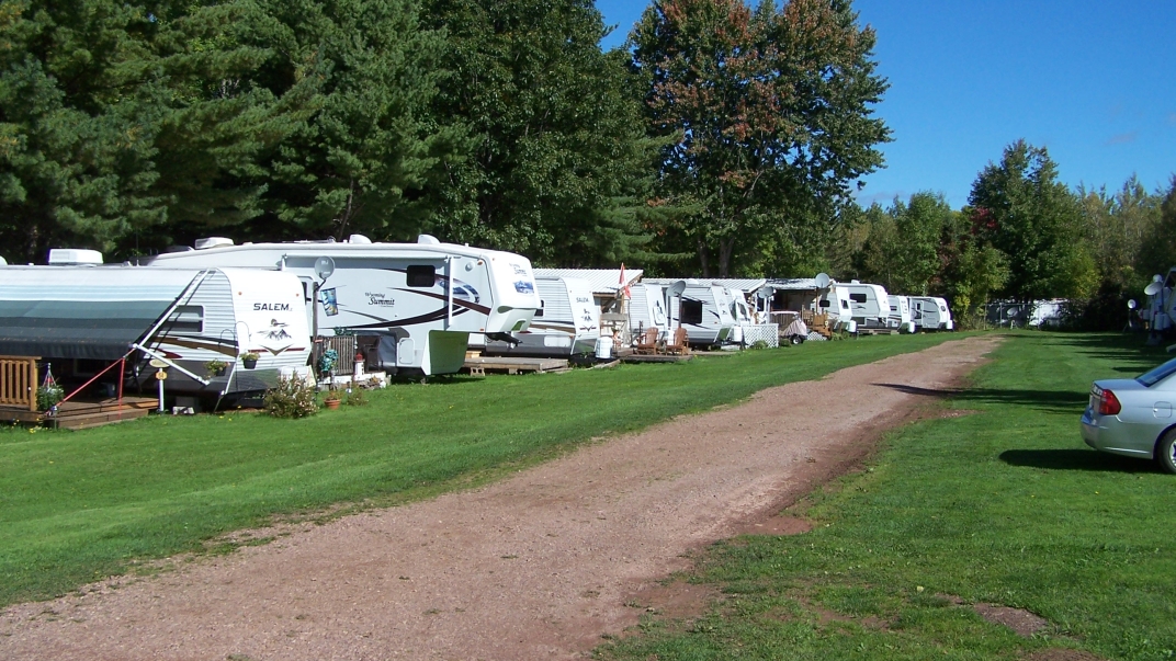 row of RVs parked along a dirt path