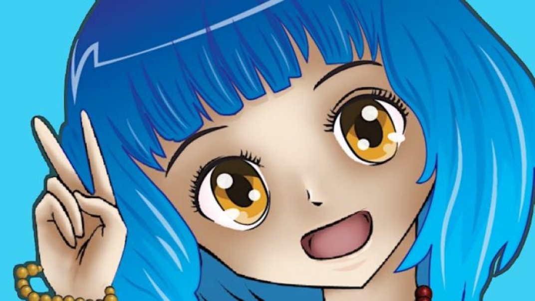 Close up of anime character with blue hair giving a peace sign