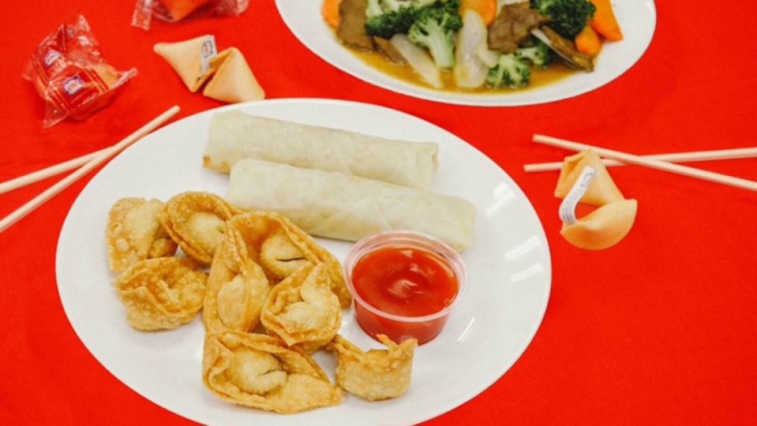 wantons and spring rolls with dip on a white plate and a red table cloth