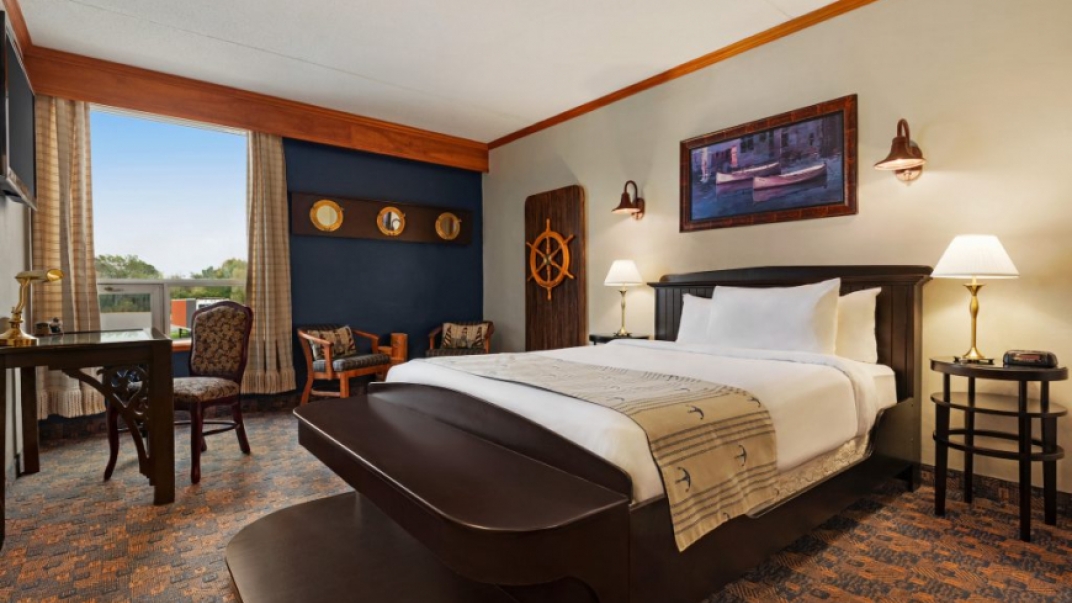 Interior shot of a hotel room with nautical elements throughout.