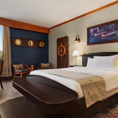 Interior shot of a hotel room with nautical elements throughout. 