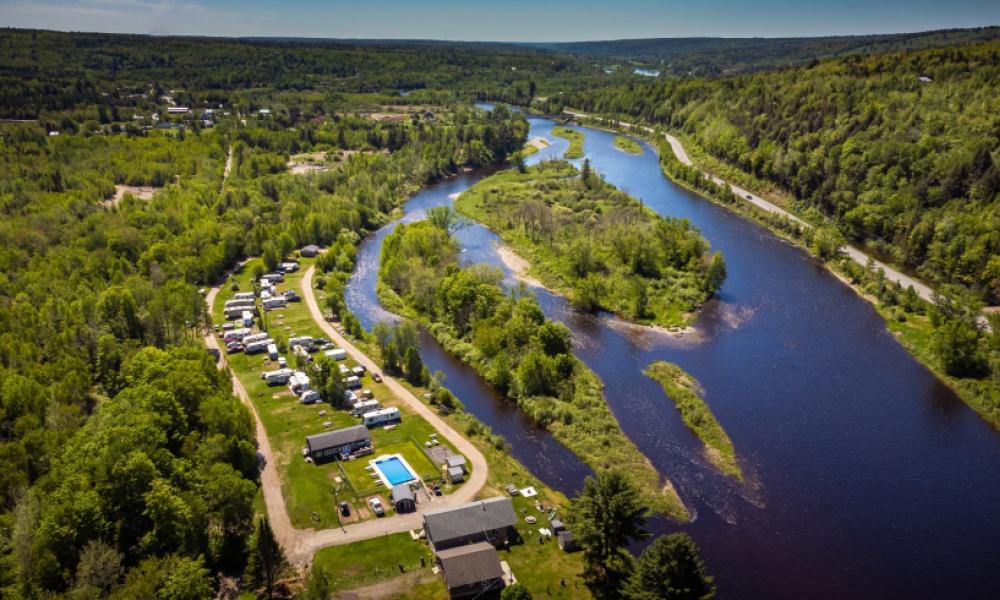arial view of the durham bridge rv resort, river and trees