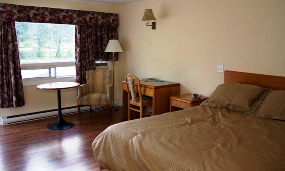ground floor hotel room with a queen bed and wood floor