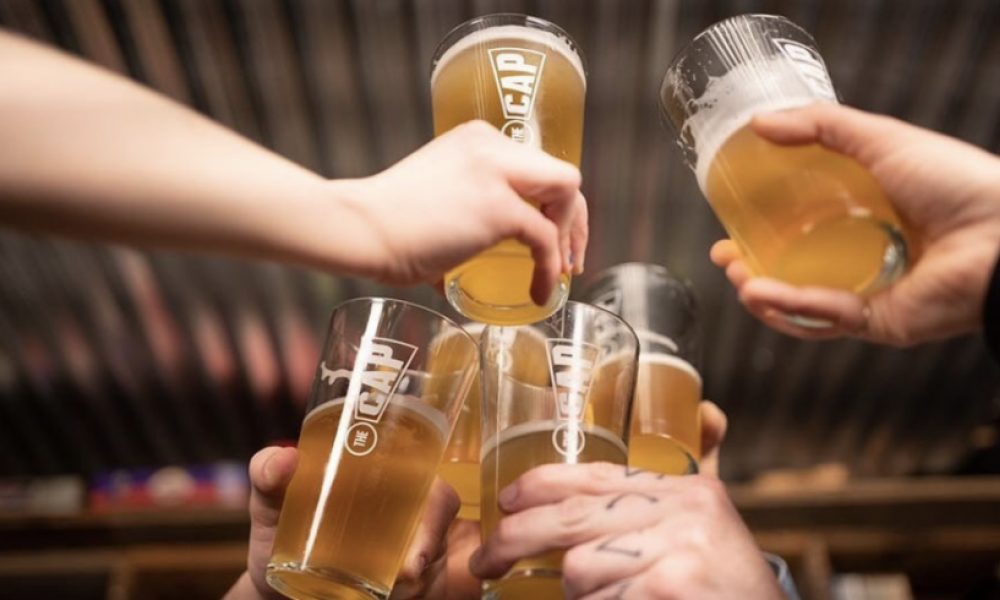 Group of hands holding beer pints